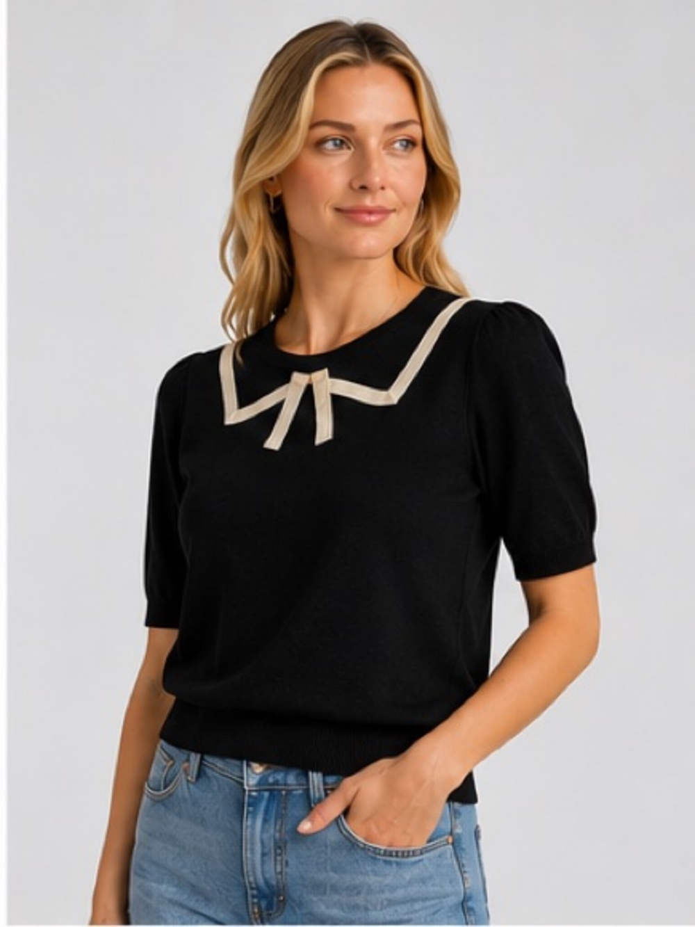 Black Short-Sleeve Crew Sweater with Cream Contrast Bow - Picture 2 of 8